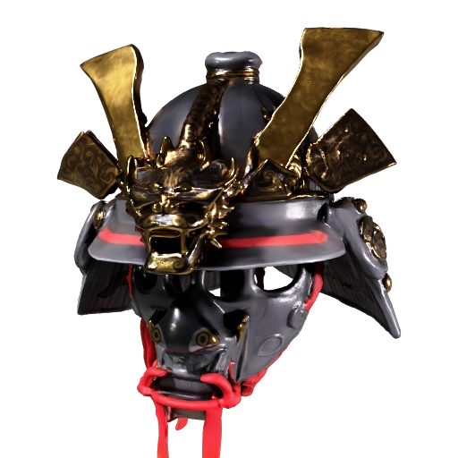 An ornate Japanese samurai kabuto helmet, lacquered black iron plates with gold trim, a…