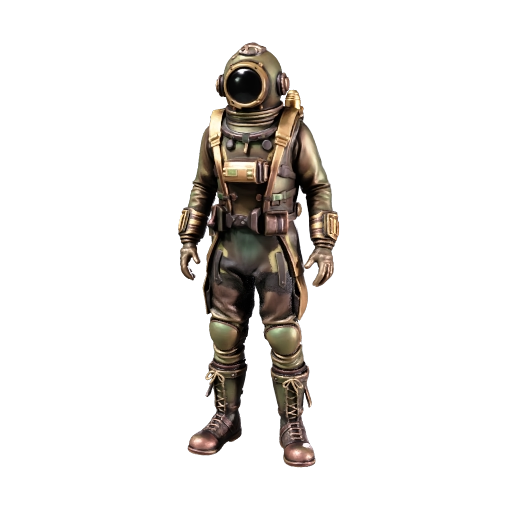 A retro deep sea diver in a heavy brass and copper diving suit, bulbous…