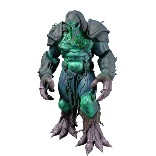 A towering forest guardian golem made of moss covered boulders and ancient bark, glowing…