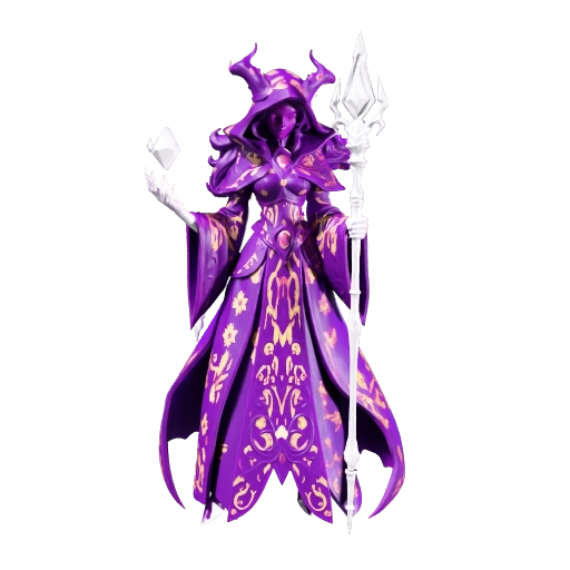 A stylized fantasy battle sorceress in ornate purple and gold robes, floating crystal shards…