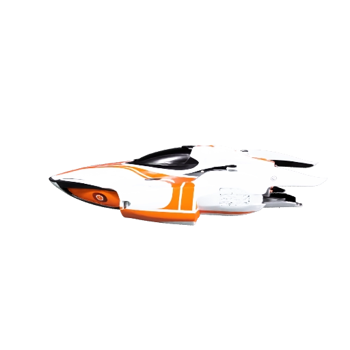 A sleek futuristic hover racing craft, aerodynamic white and orange racing livery, exposed thruster…