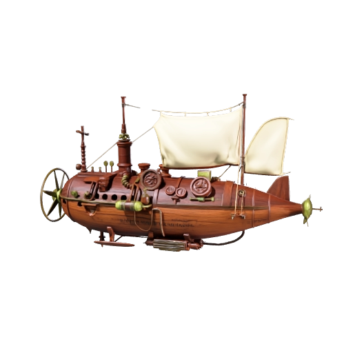 A steampunk airship with a wooden hull, brass propellers, copper pipes and pressure gauges,…