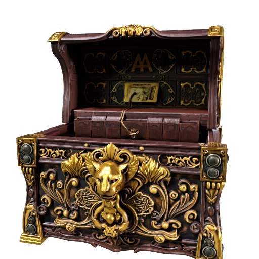 An ornate fantasy treasure chest, carved dark oak with gold filigree bands, a heavy…