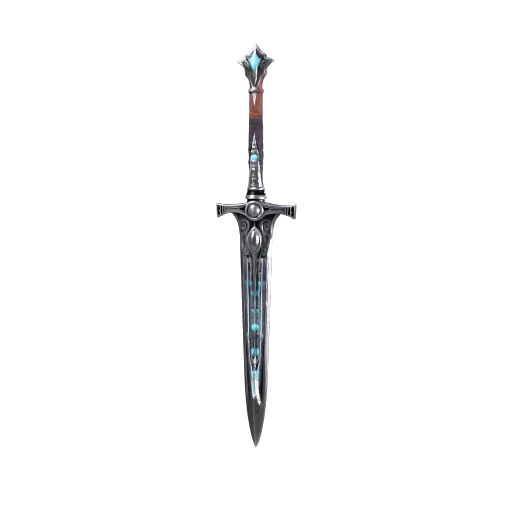 An ancient two-handed rune sword, damascus steel blade etched with glowing blue runes, leather-wrapped…