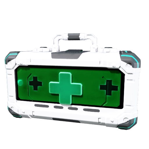 A futuristic medical kit case, white and mint-green panels with a glowing cross emblem,…