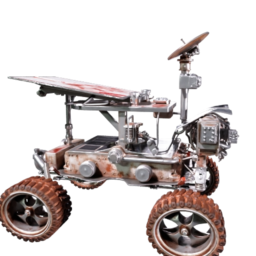 A six-wheeled Mars exploration rover with a robotic arm, solar panels, antenna dish, scientific…