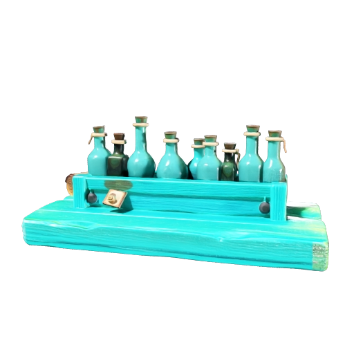A set of alchemist potion bottles on a small wooden rack, various glass shapes…