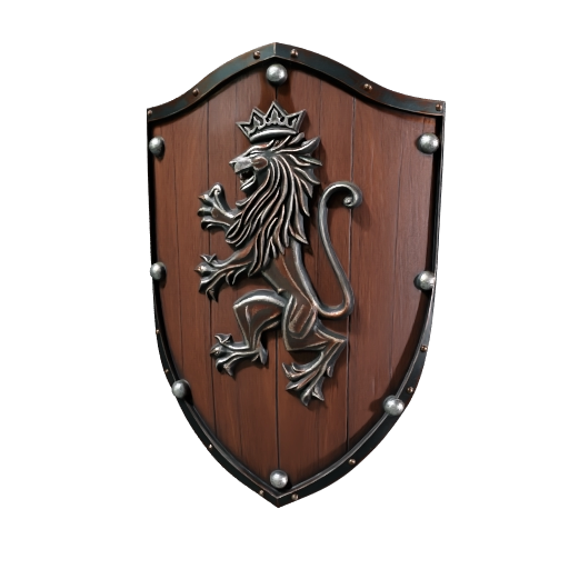 A medieval kite shield, painted heraldic lion crest, deep sword gashes and dents, iron…