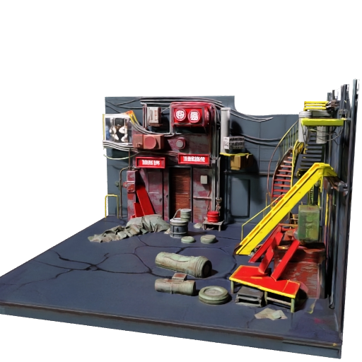 A cyberpunk back alley diorama on a square base, neon signage, air conditioning units,…