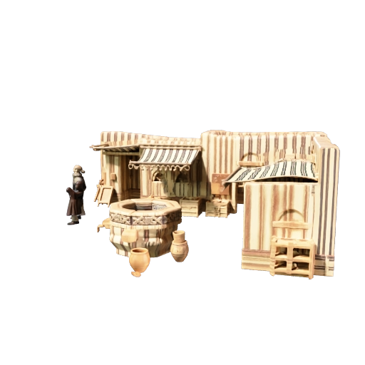A desert trading post diorama, adobe buildings with cloth awnings, market stalls, clay pots,…