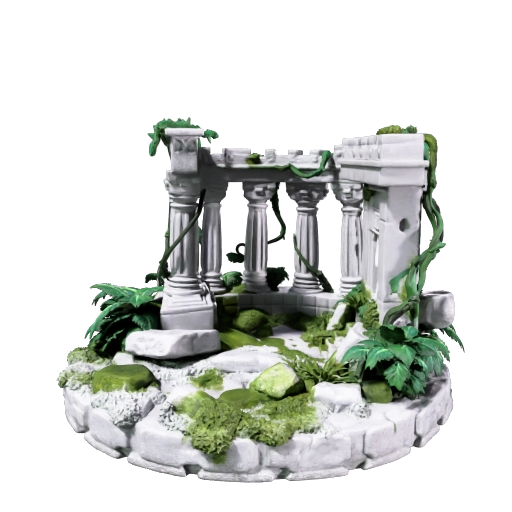 A small diorama of overgrown ancient temple ruins on a circular base, broken stone…
