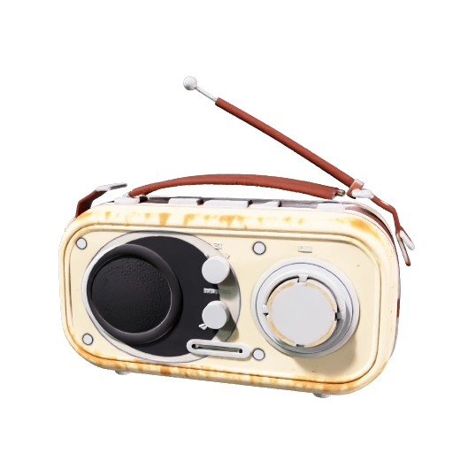 A retro-futuristic handheld radio, cream plastic body, chrome dials and mesh speaker grille, leather…