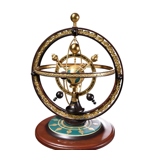 An ornate brass orrery, concentric engraved rings and toothed gears, planetary spheres on curved…