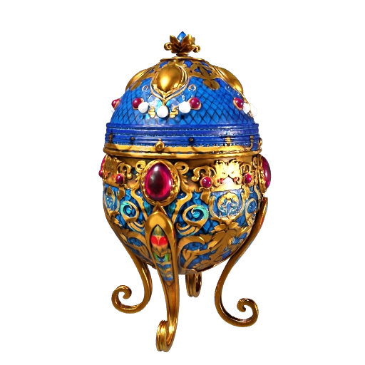 An ornate jewelled egg on a filigree stand, guilloche enamel shell banded with gold…